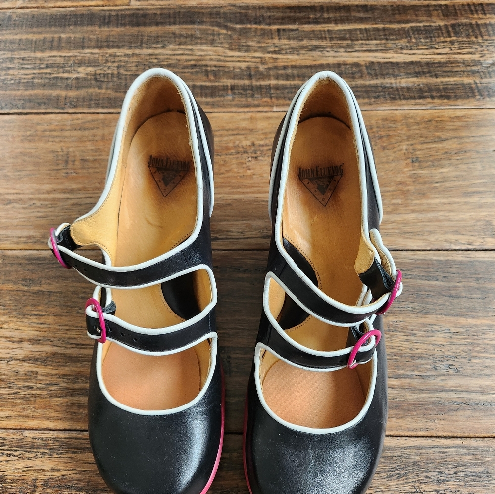 Fluevog Black Mary Jane Shoes with Pink Accents